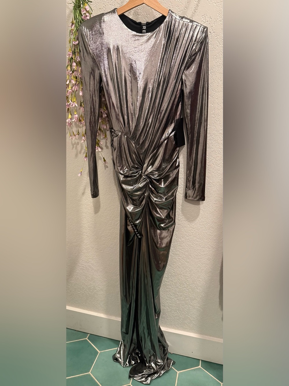 Retrofete Metallic Silver Ruched Maxi Gown